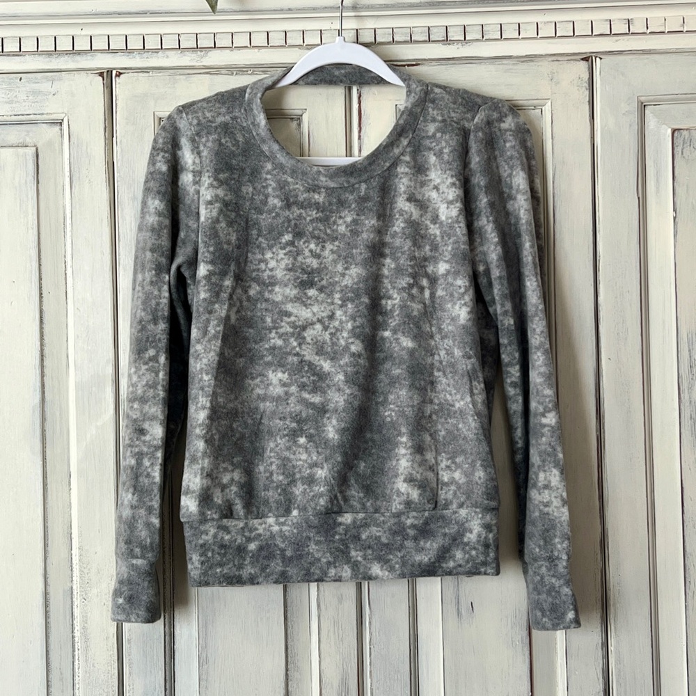 🟠NEW FINAL TOUCH Fleece Tie-Dye Plunge-Back Long Sleeve Sweater - Charcoal SMALL